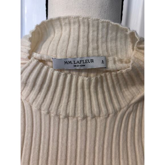 MM Lafleur Short Sleeve Shirt Women's Small Cream Ribbed Merino Wool Mock Neck - Picture 2 of 8